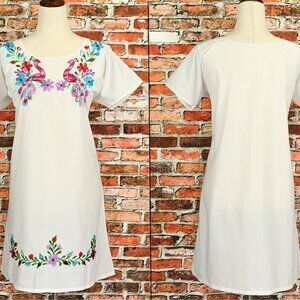 Handmade White Flamingo Embroidered Mexican Peasant Dress
